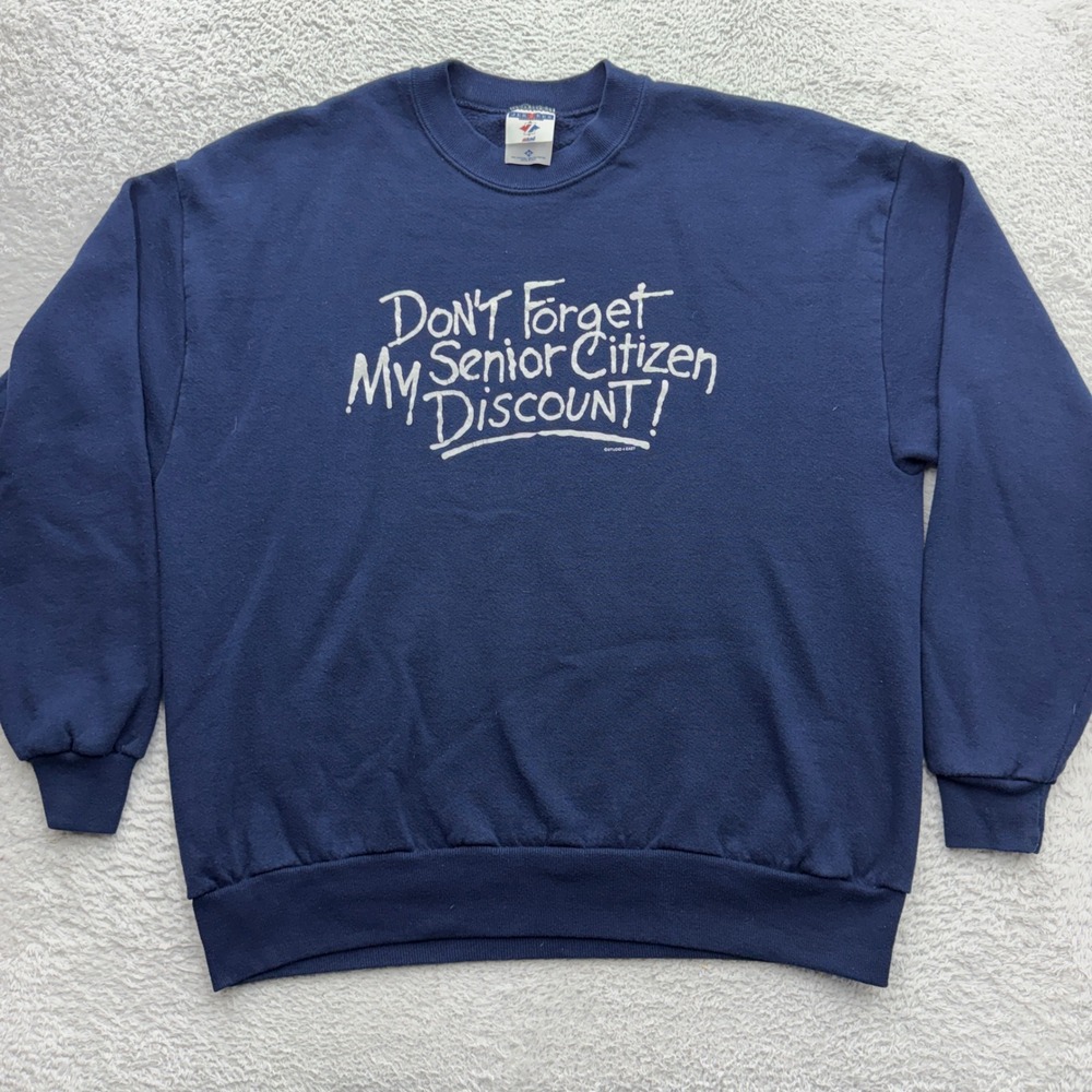 Vintage Jerzees Senior Citizen Discount Graphic Sweatshirt Navy Blue XL 90s